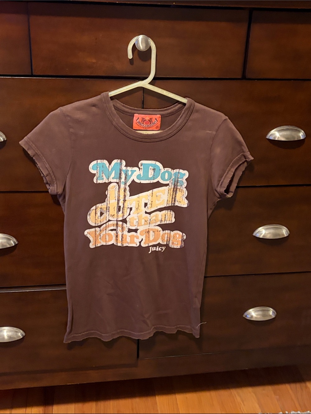 Juicy Couture Brown Graphic Tee with Blue and Cream Print